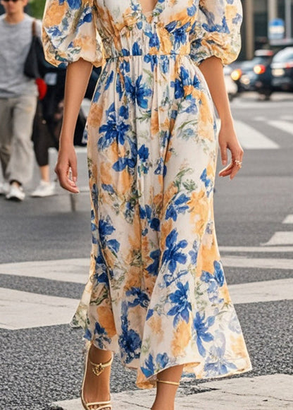 Natural Apricot Cinched Print Chiffon Holiday Dresses Summer