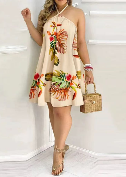 Natural Apricot Halter Backless Print Cotton Mini Dresses Summer