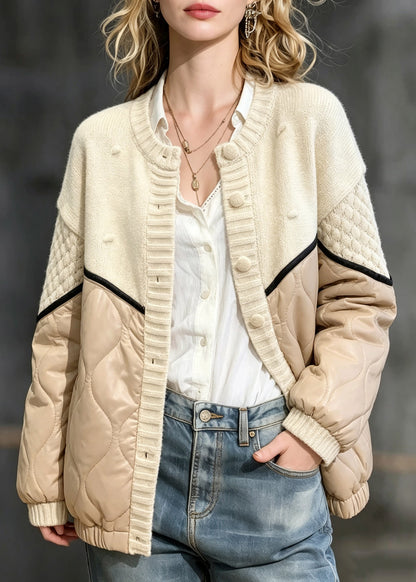 Natural Apricot O-Neck Button Thick Coat Knit Patchwork Long Sleeve