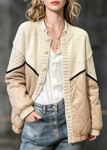 Natural Apricot O-Neck Button Thick Coat Knit Patchwork Long Sleeve