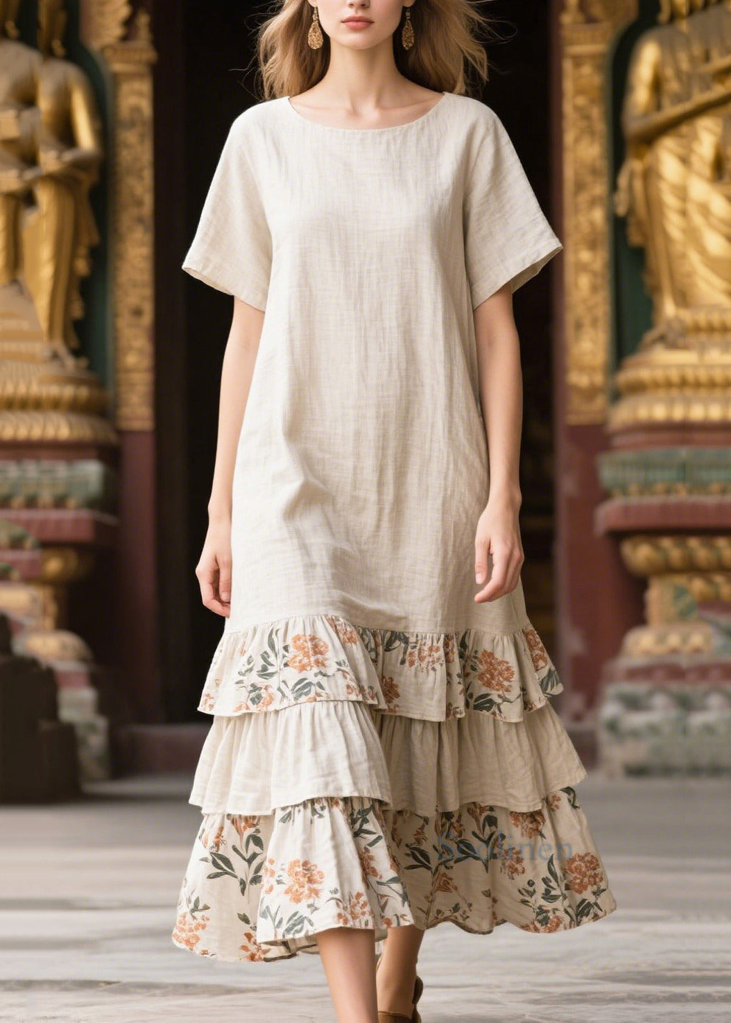 Natural Apricot Oversized Patchwork Linen Maxi Dresses Summer