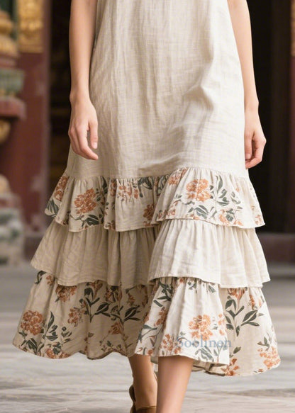 Natural Apricot Oversized Patchwork Linen Maxi Dresses Summer