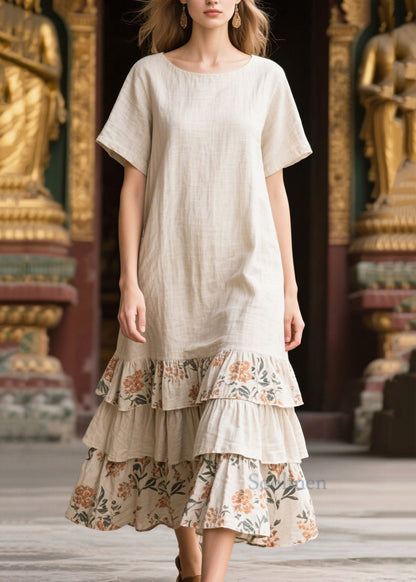 Natural Apricot Oversized Patchwork Linen Maxi Dresses Summer