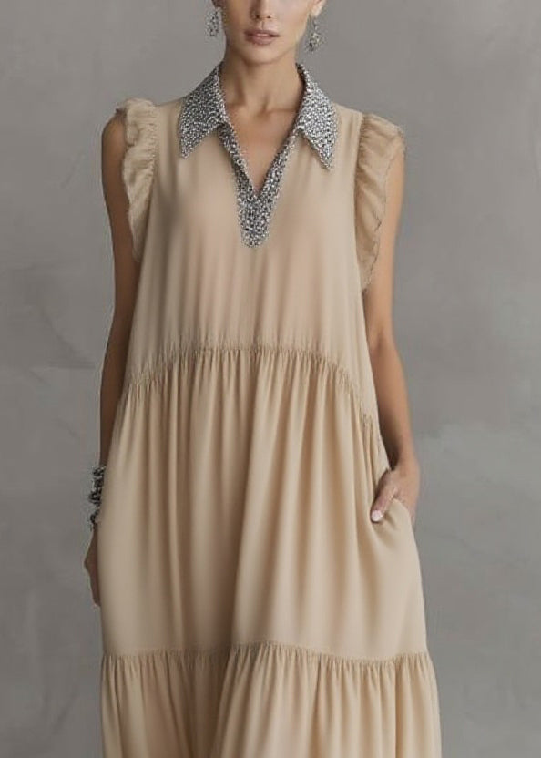 Natural Apricot Peter Pan Collar Ruffled Wrinkled Chiffon Maxi Dresses Summer