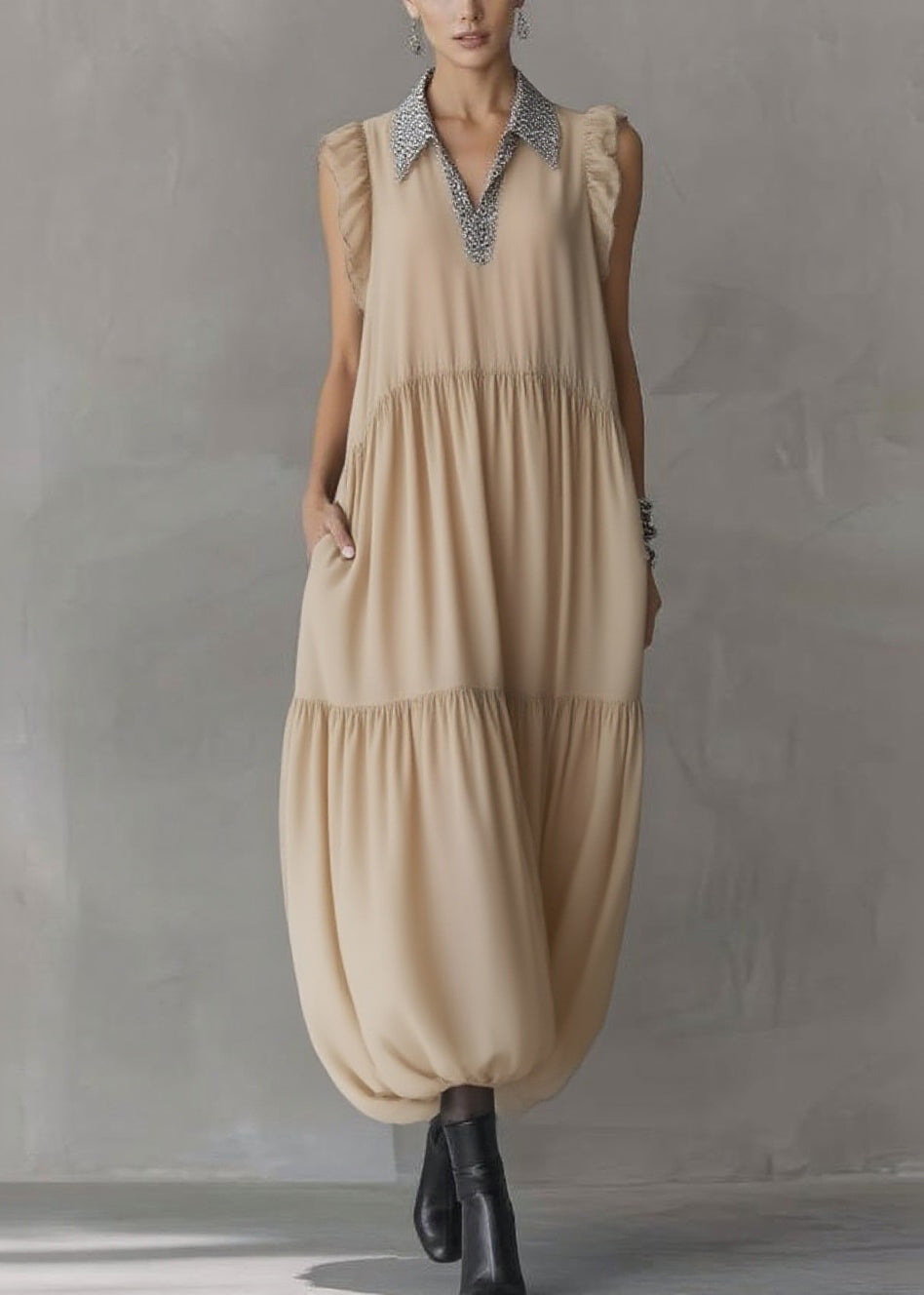 Natural Apricot Peter Pan Collar Ruffled Wrinkled Chiffon Maxi Dresses Summer