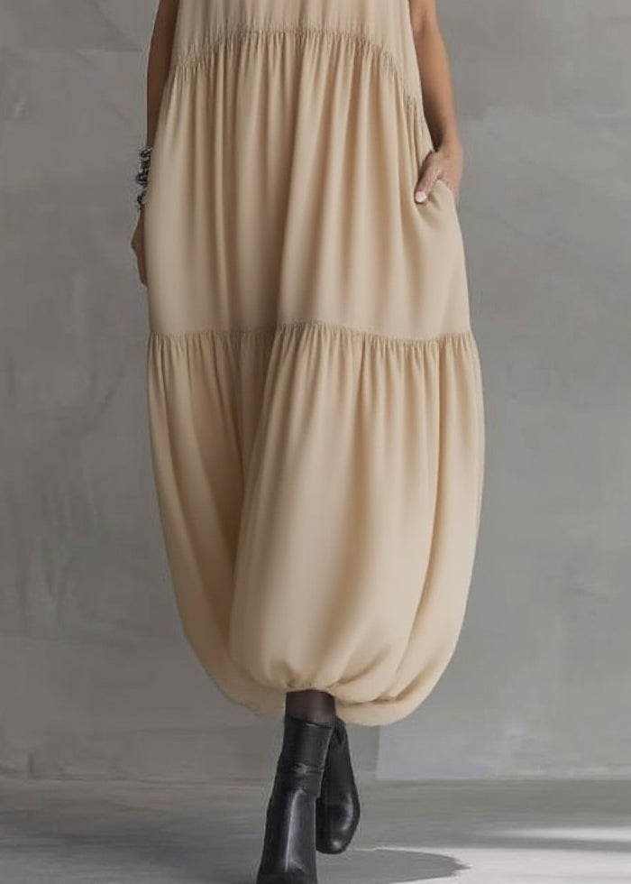 Natural Apricot Peter Pan Collar Ruffled Wrinkled Chiffon Maxi Dresses Summer