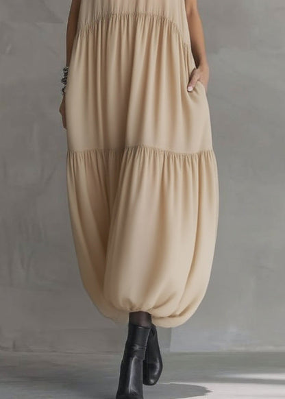 Natural Apricot Peter Pan Collar Ruffled Wrinkled Chiffon Maxi Dresses Summer