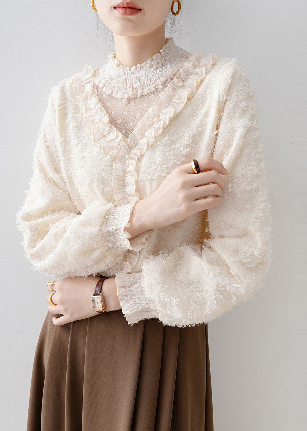 Natural Apricot Ruffled Patchwork Warm Fleece Blouse Tops Spring