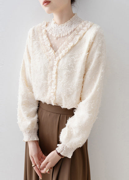 Natural Apricot Ruffled Patchwork Warm Fleece Blouse Tops Spring