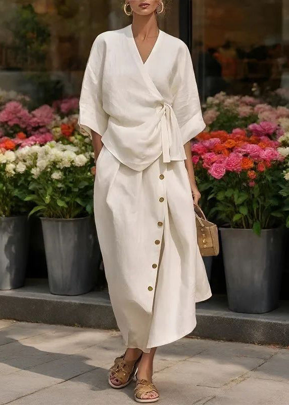Natural Apricot V Neck Tie Waist Top And Maxi Skirts Two Pieces Set Half Sleeve
