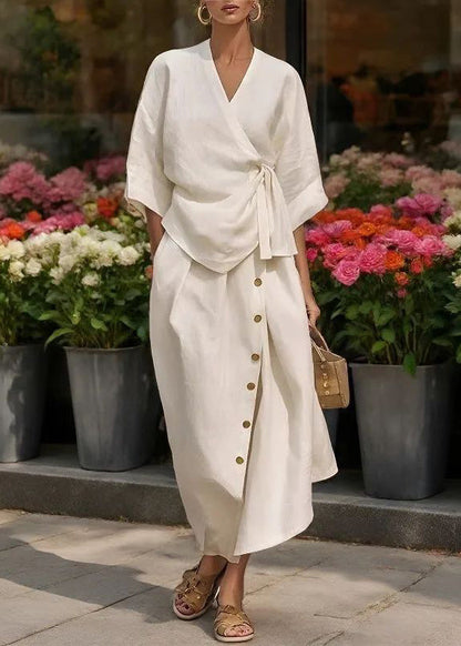 Natural Apricot V Neck Tie Waist Top And Maxi Skirts Two Pieces Set Half Sleeve