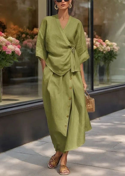 Natural Apricot V Neck Tie Waist Top And Maxi Skirts Two Pieces Set Half Sleeve