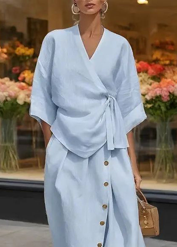 Natural Apricot V Neck Tie Waist Top And Maxi Skirts Two Pieces Set Half Sleeve