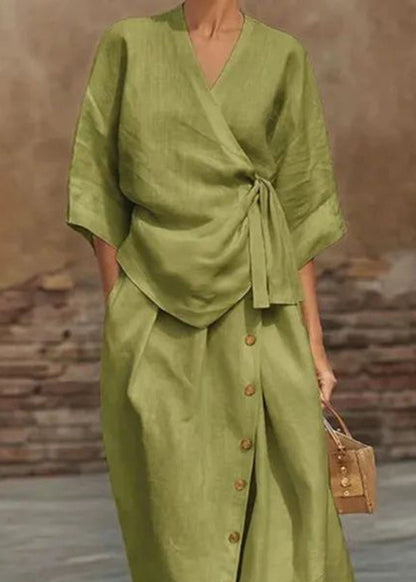 Natural Apricot V Neck Tie Waist Top And Maxi Skirts Two Pieces Set Half Sleeve