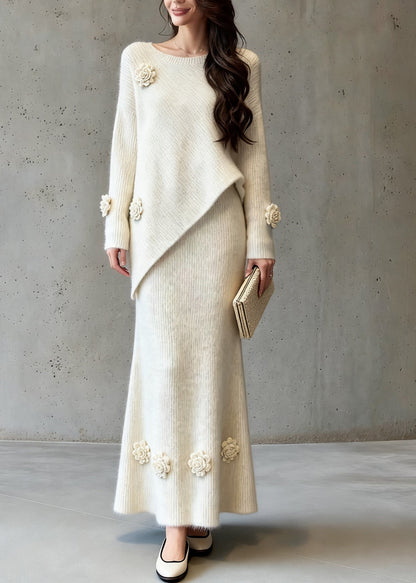 Natural Asymmetrical Floral Cotton Knit Sweaters And A Line Skirts Two-Piece Set Spring