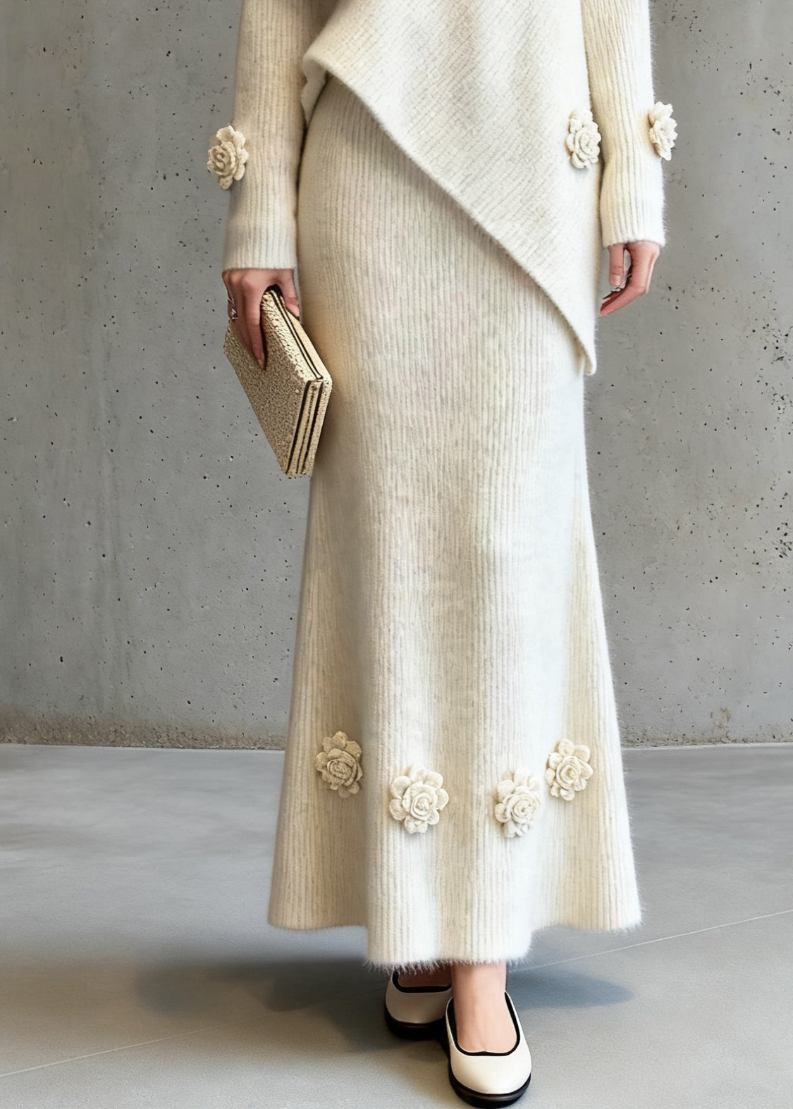Natural Asymmetrical Floral Cotton Knit Sweaters And A Line Skirts Two-Piece Set Spring