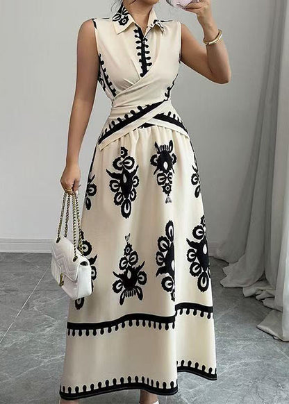 Natural Beige Asymmetrical Print Cotton Two Pieces Set Sleeveless