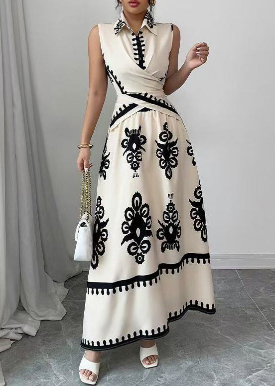 Natural Beige Asymmetrical Print Cotton Two Pieces Set Sleeveless
