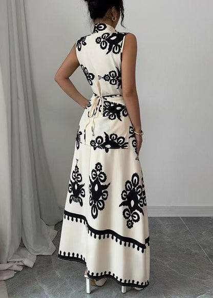 Natural Beige Asymmetrical Print Cotton Two Pieces Set Sleeveless