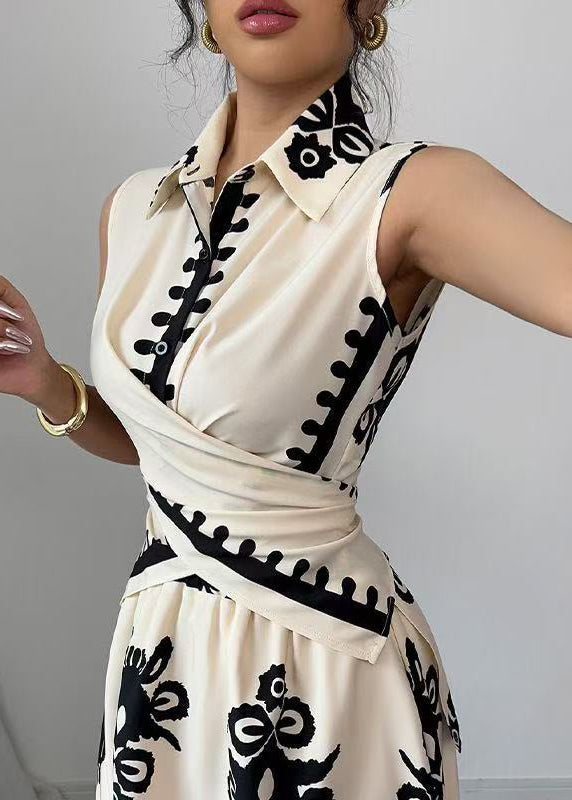 Natural Beige Asymmetrical Print Cotton Two Pieces Set Sleeveless