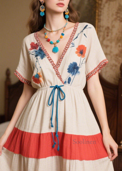 Natural Beige Cinched Patchwork Cotton Dress Summer