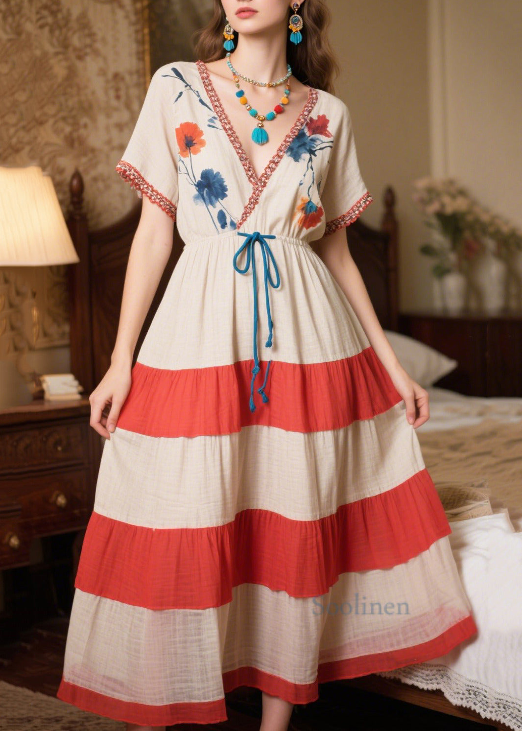 Natural Beige Cinched Patchwork Cotton Dress Summer