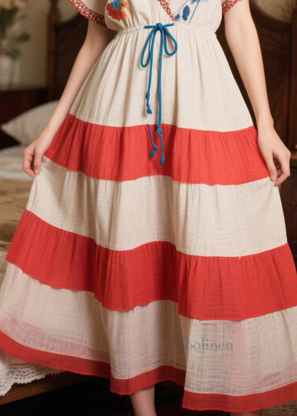 Natural Beige Cinched Patchwork Cotton Dress Summer