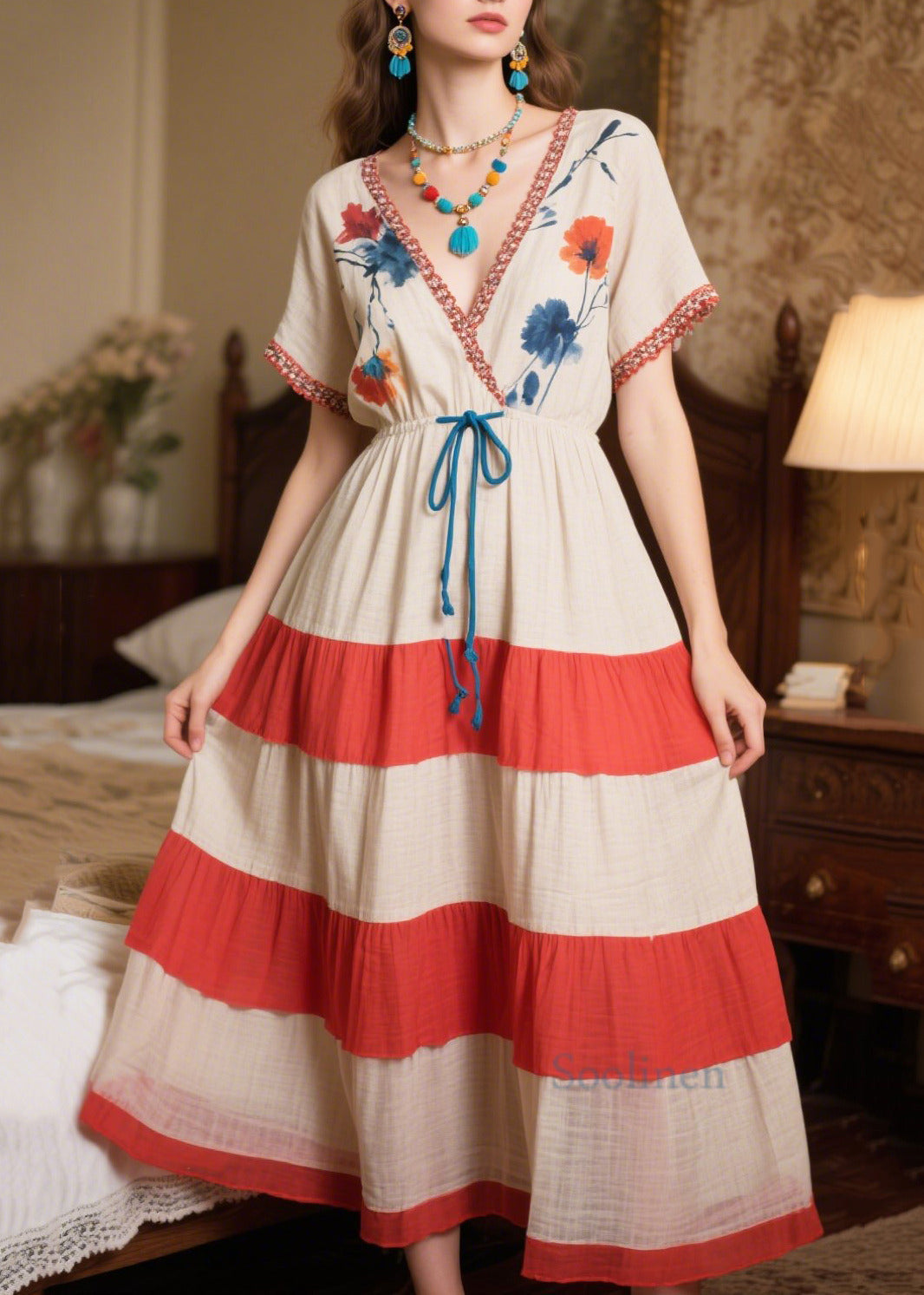 Natural Beige Cinched Patchwork Cotton Dress Summer