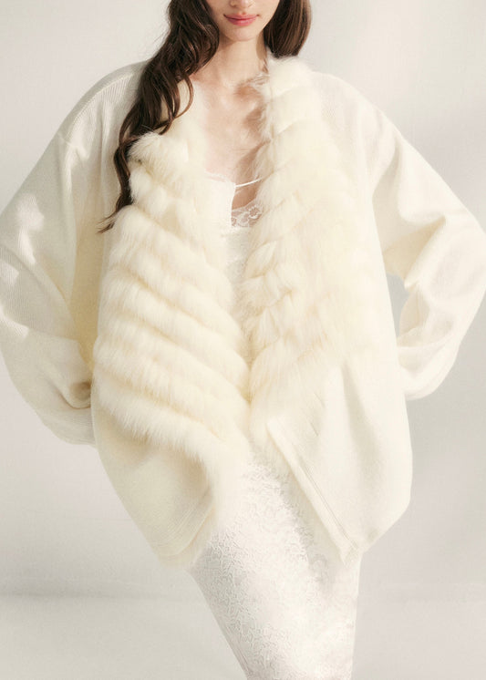 Natural Beige Fox Collar Patchwork Mink Hair Knitted Cardigans Spring
