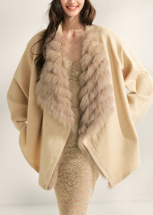 Natural Beige Fox Collar Patchwork Mink Hair Knitted Cardigans Spring