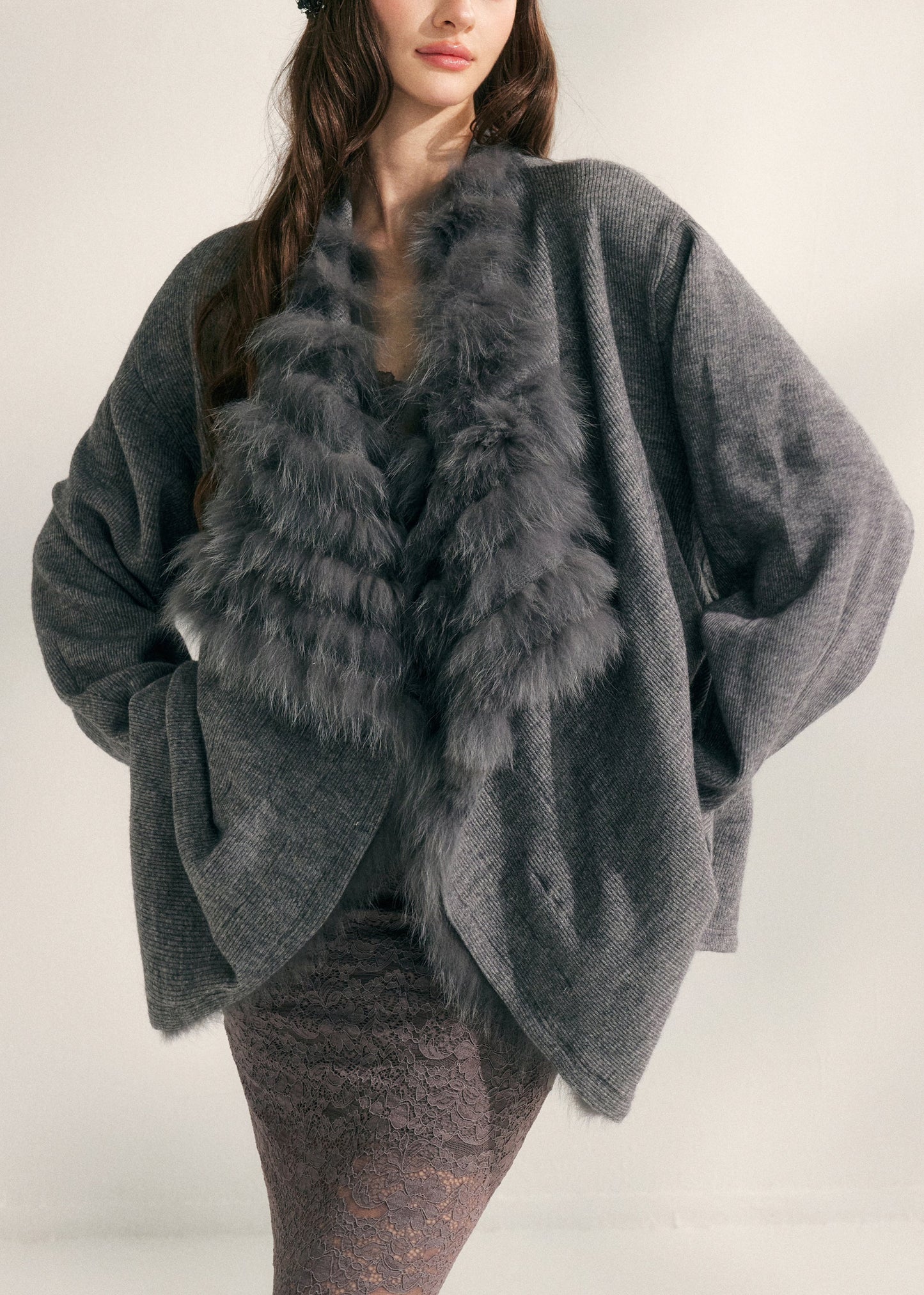 Natural Beige Fox Collar Patchwork Mink Hair Knitted Cardigans Spring