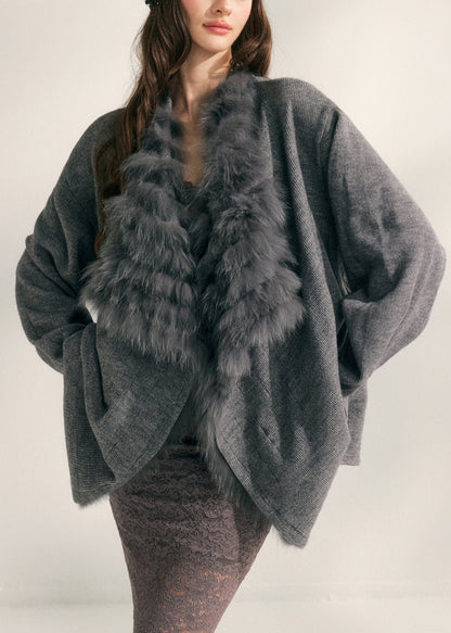 Natural Beige Fox Collar Patchwork Mink Hair Knitted Cardigans Spring