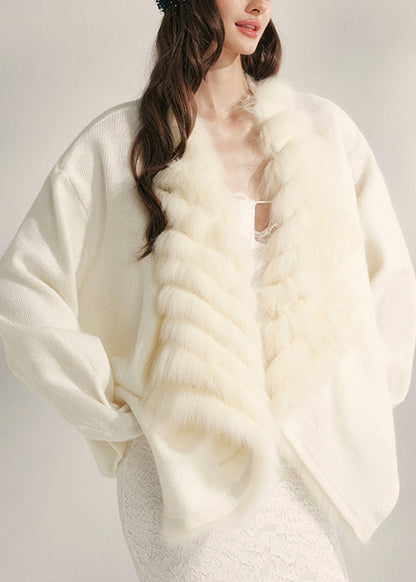 Natural Beige Fox Collar Patchwork Mink Hair Knitted Cardigans Spring