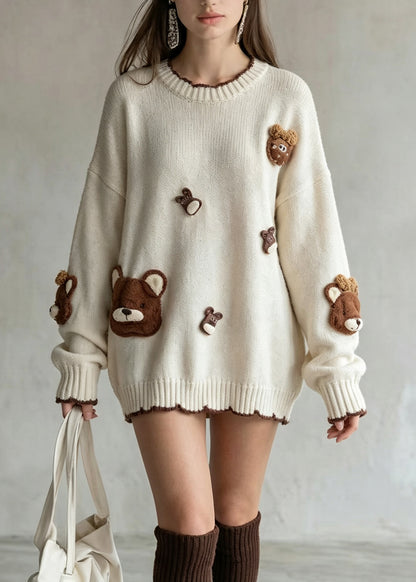 Natural Beige O Neck Cartoon Decorated Knit Sweaters Fall