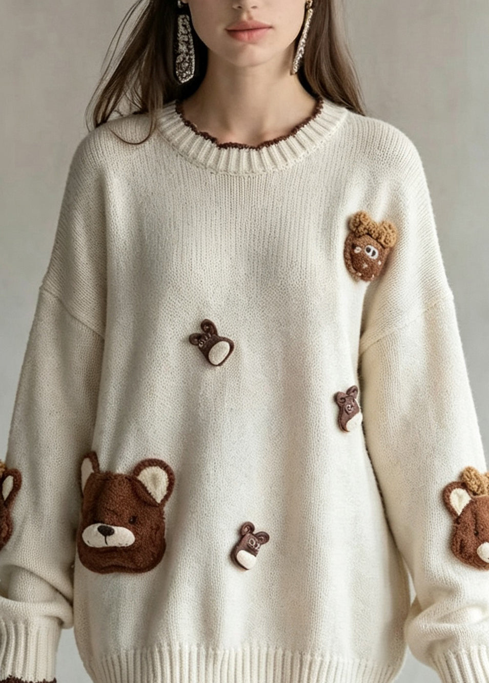 Natural Beige O Neck Cartoon Decorated Knit Sweaters Fall