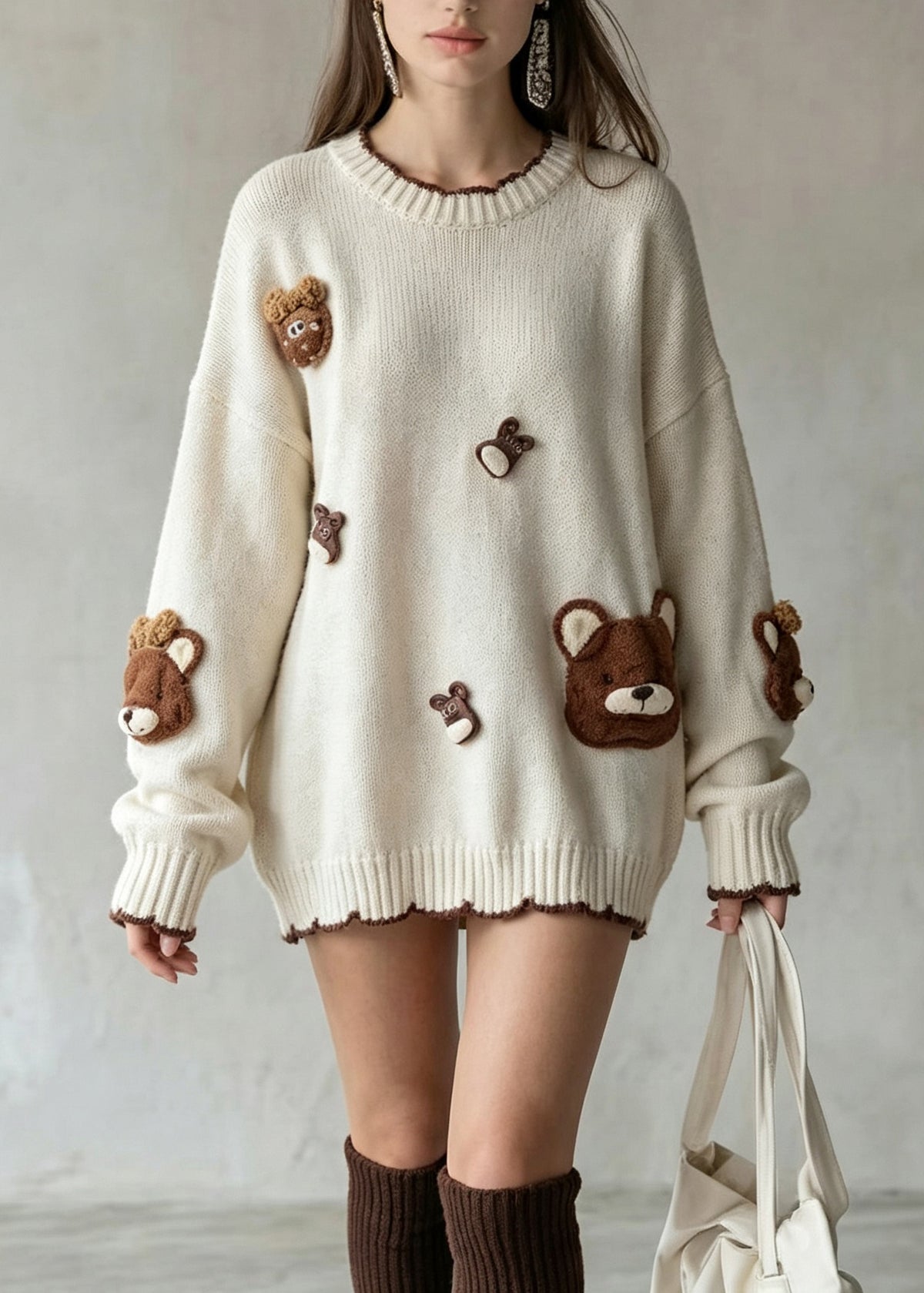 Natural Beige O Neck Cartoon Decorated Knit Sweaters Fall