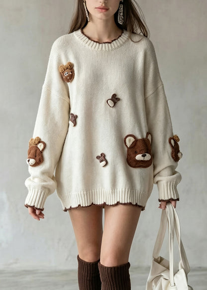 Natural Beige O Neck Cartoon Decorated Knit Sweaters Fall