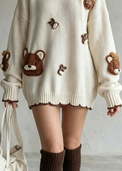 Natural Beige O Neck Cartoon Decorated Knit Sweaters Fall