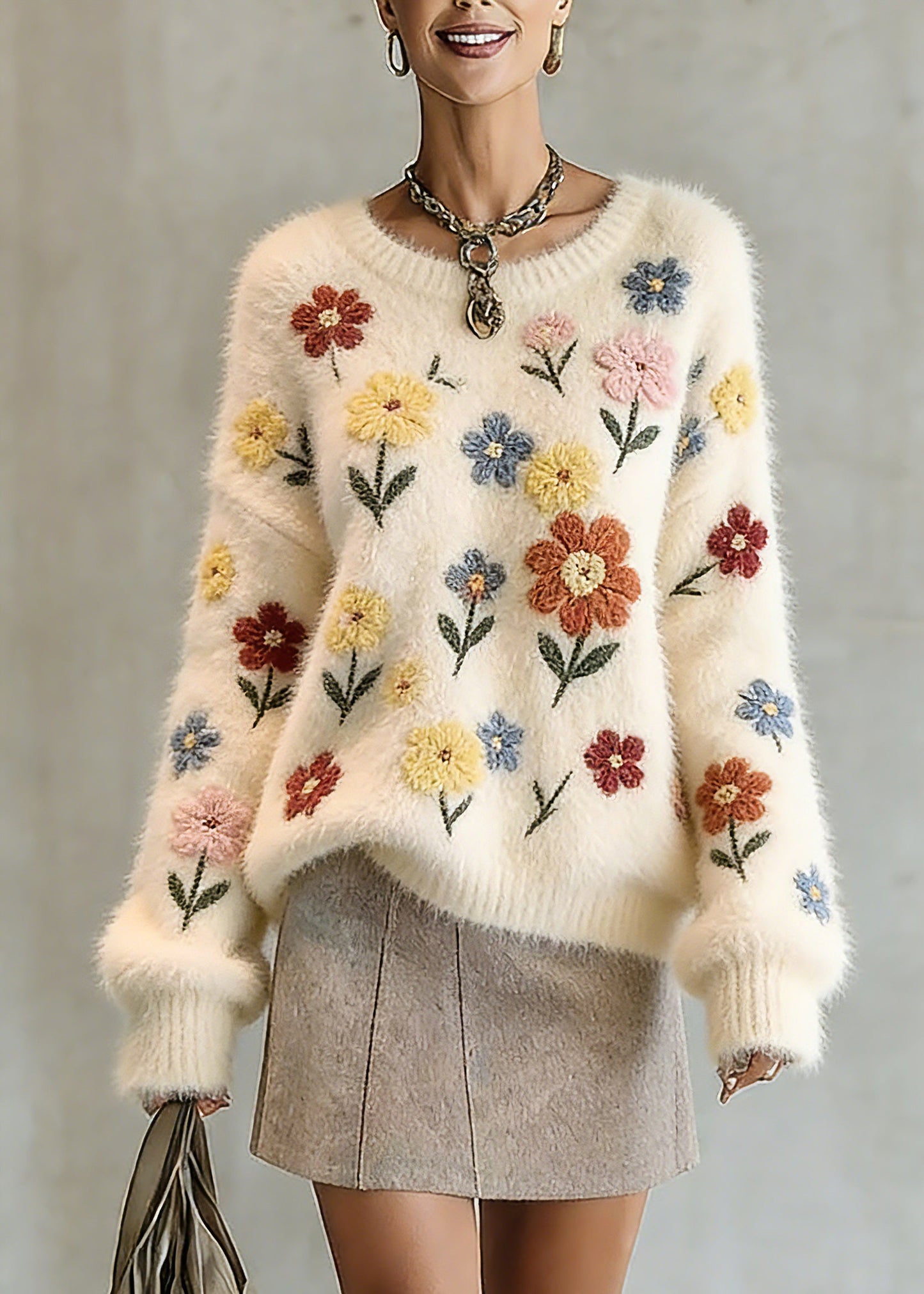 Natural Beige O-Neck Embroidered Cotton Knit Sweater Tops Spring