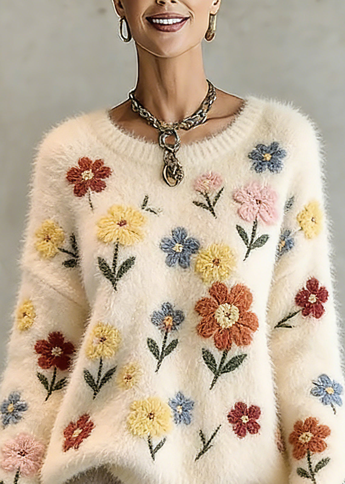 Natural Beige O-Neck Embroidered Cotton Knit Sweater Tops Spring