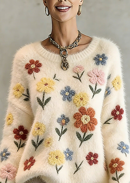 Natural Beige O-Neck Embroidered Cotton Knit Sweater Tops Spring