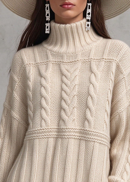 Natural Beige Turtleneck Patchwork Cable Cotton Knit Sweater Tops Long Sleeve