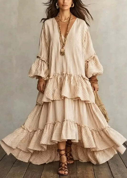 Natural Beige V Neck Asymmetrical Ruffled Long Striped Dress Puff Sleeve