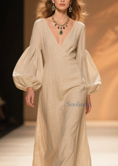 Natural Beige V Neck Patchwork Cotton Dresses Lantern Sleeve
