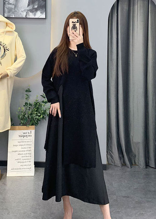 Natural Black Asymmetrical Patchwork Knit Dress Spring