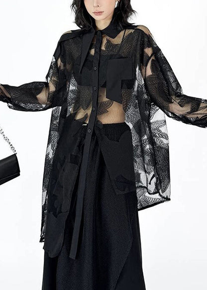 Natural Black Asymmetrical Print Tulle Shirt Top Summer