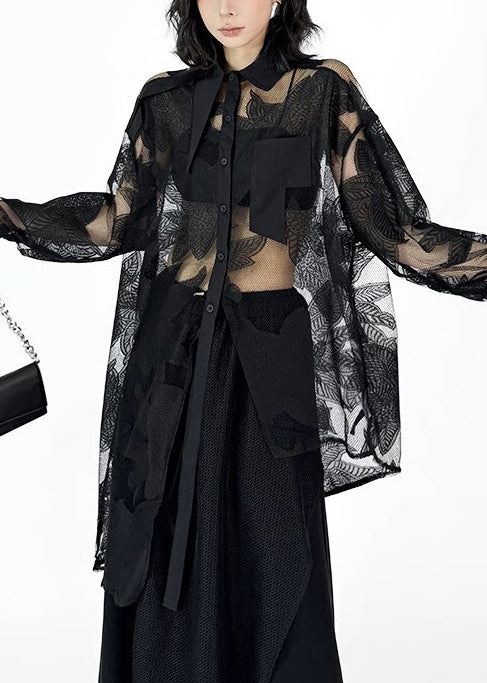 Natural Black Asymmetrical Print Tulle Shirt Top Summer