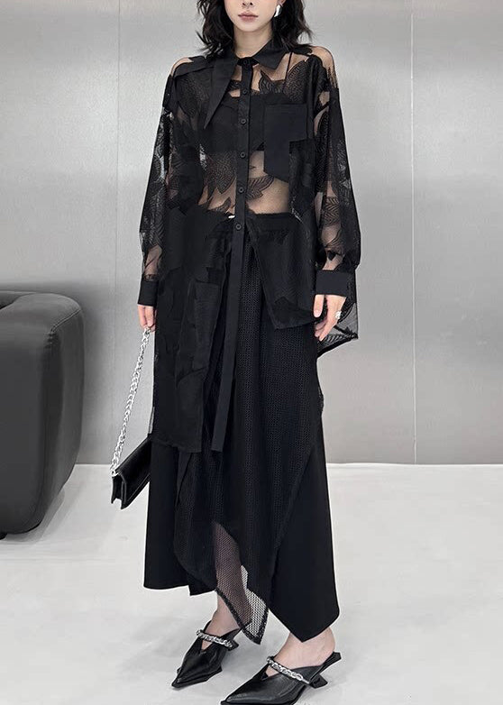 Natural Black Asymmetrical Print Tulle Shirt Top Summer