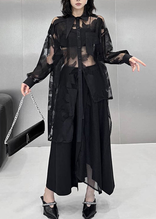 Natural Black Asymmetrical Print Tulle Shirt Top Summer