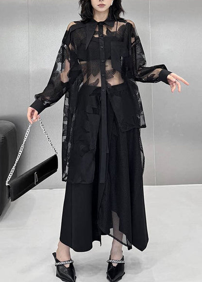 Natural Black Asymmetrical Print Tulle Shirt Top Summer